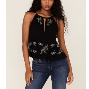 Shyanne Western Black Embroidered Tank Key Hole Floral Tank